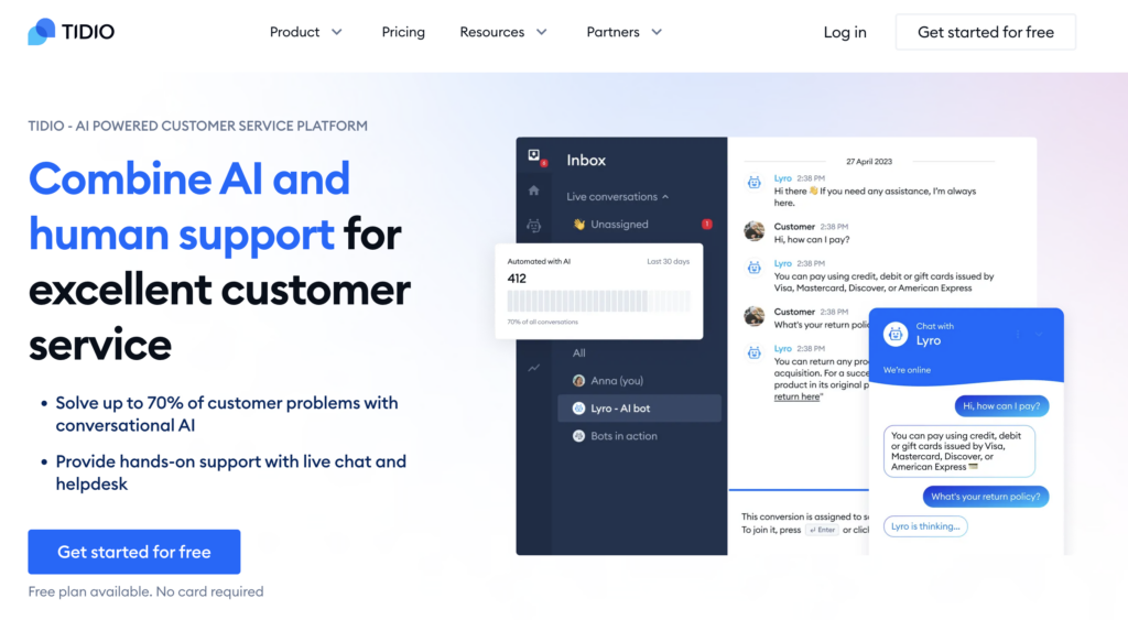 Tidio, AI-powered platform for customer service.