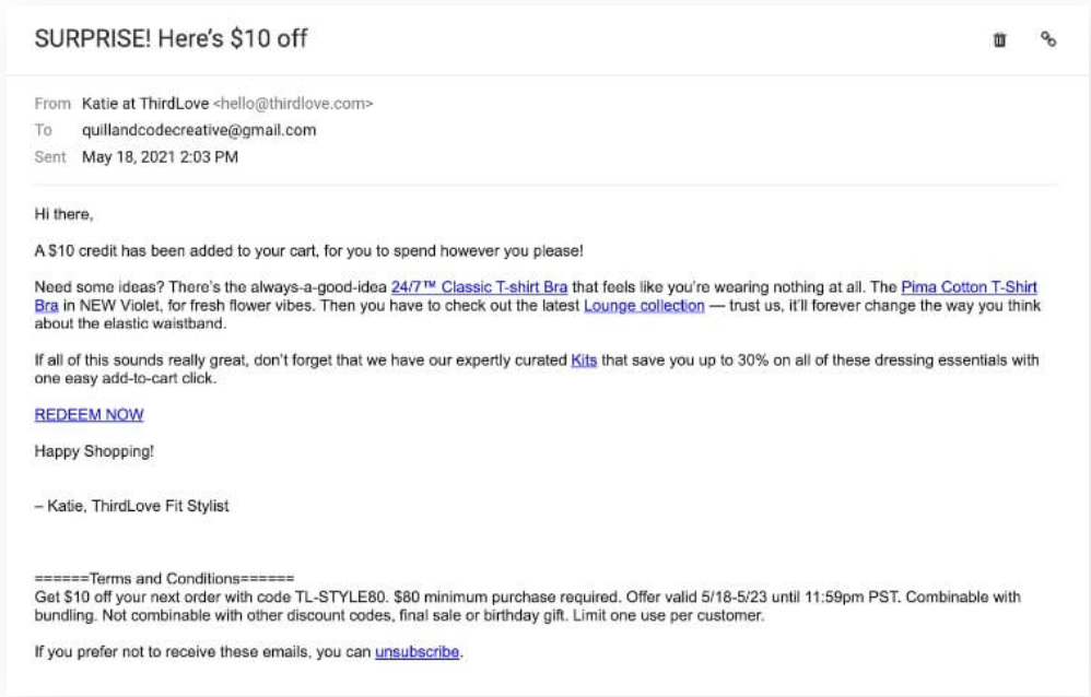 Abandoned cart email from ThirdLove