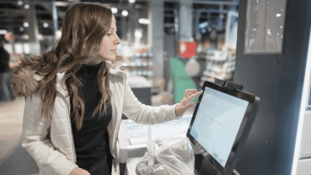 Customer proceeding to a self-service checkout counter