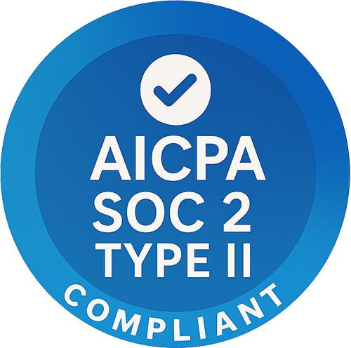 Blue circular AICPA SOC 2 Type II Compliant badge with a white checkmark.