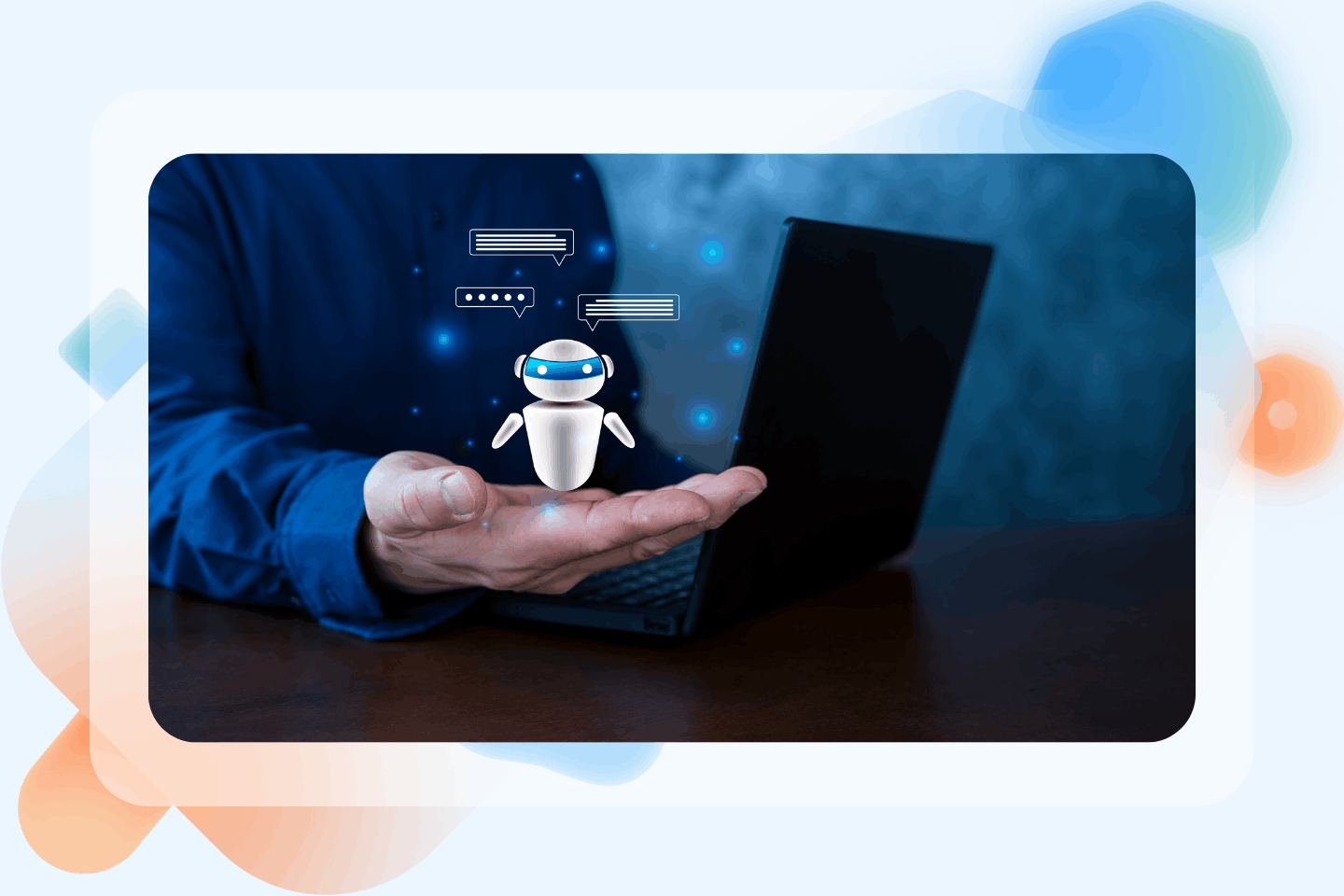 Robot chatbot avatar hovering above an open laptop resting on a cupped hand, signaling AI support and assistance